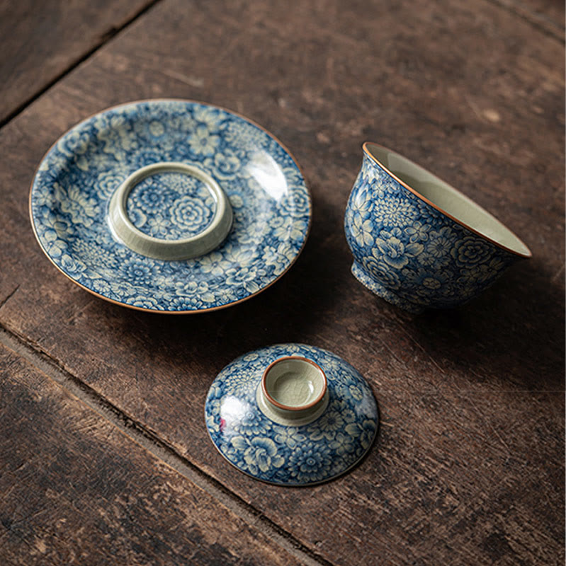 Vintage Blue White Porcelain Gaiwan Teacup with Lid 150ml