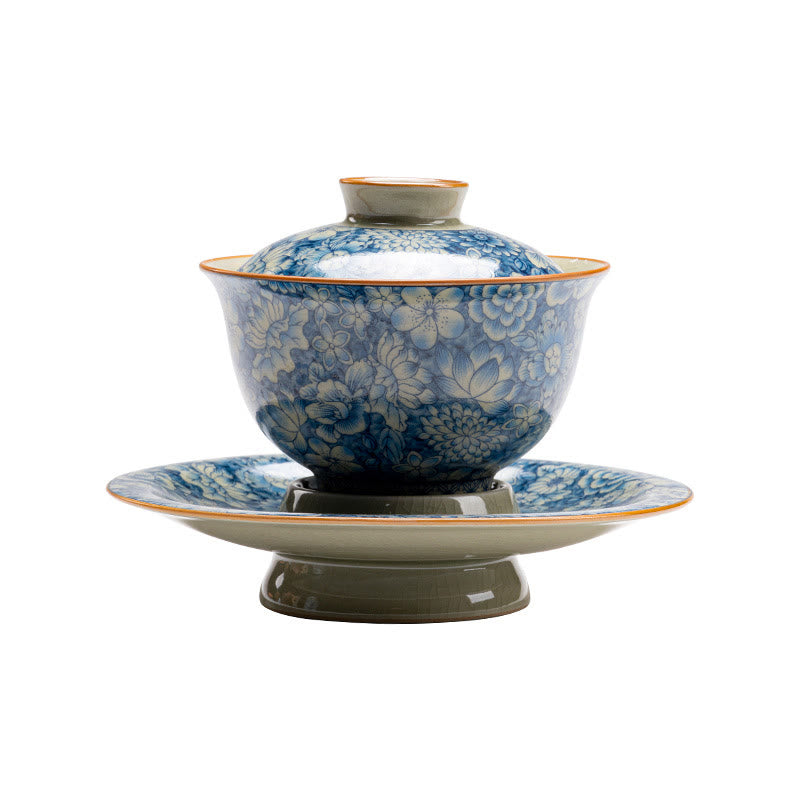 Vintage Blue White Porcelain Gaiwan Teacup with Lid 150ml