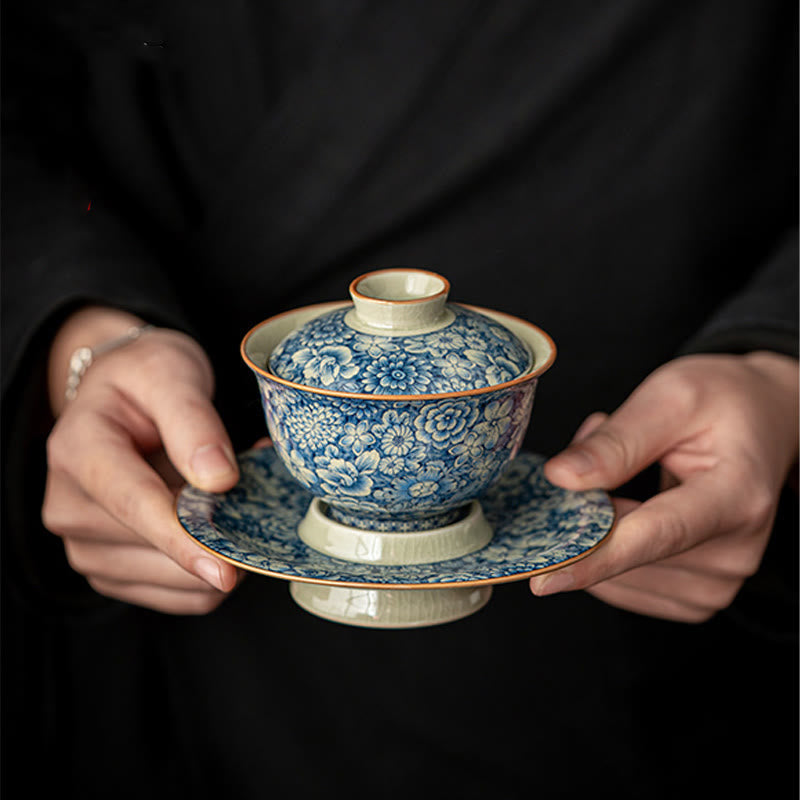 Vintage Blue White Porcelain Gaiwan Teacup with Lid 150ml