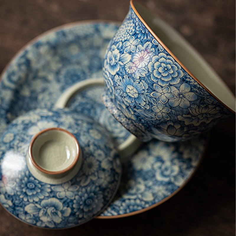 Vintage Blue White Porcelain Gaiwan Teacup with Lid 150ml