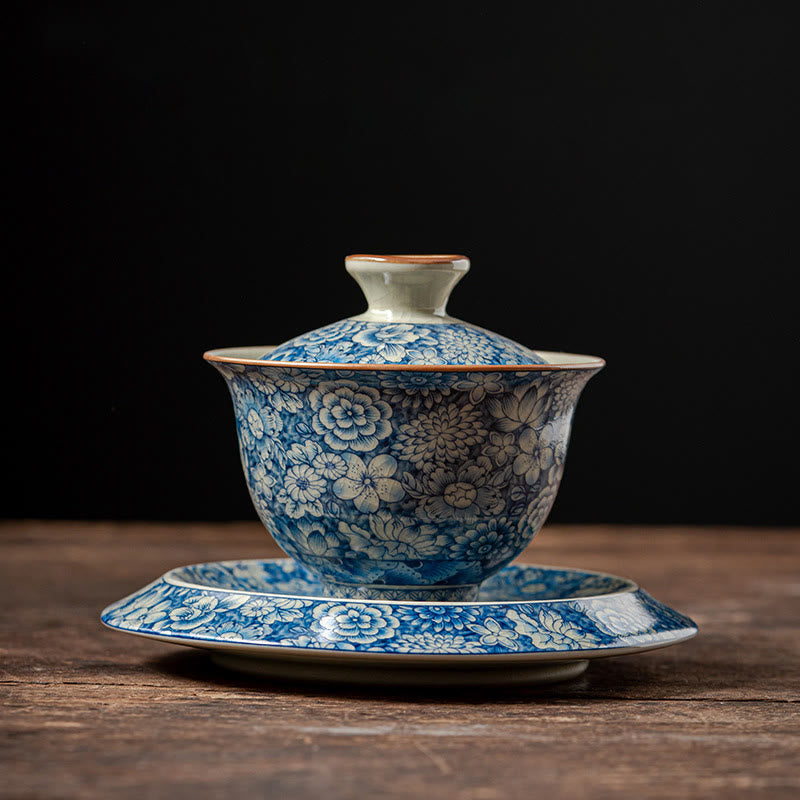 Vintage Blue White Porcelain Gaiwan Teacup with Lid 150ml