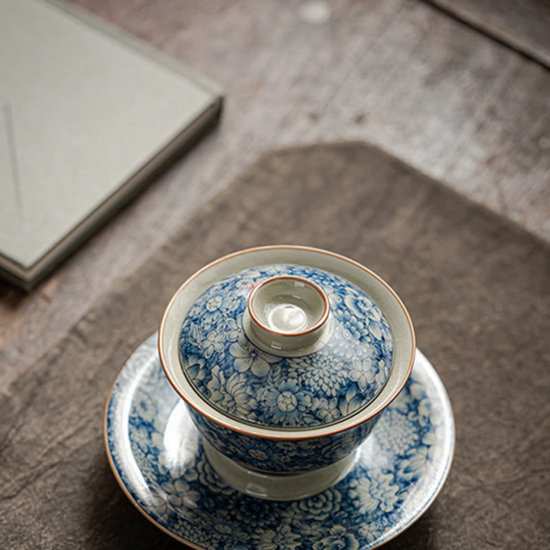 Vintage Blue White Porcelain Gaiwan Teacup with Lid 150ml