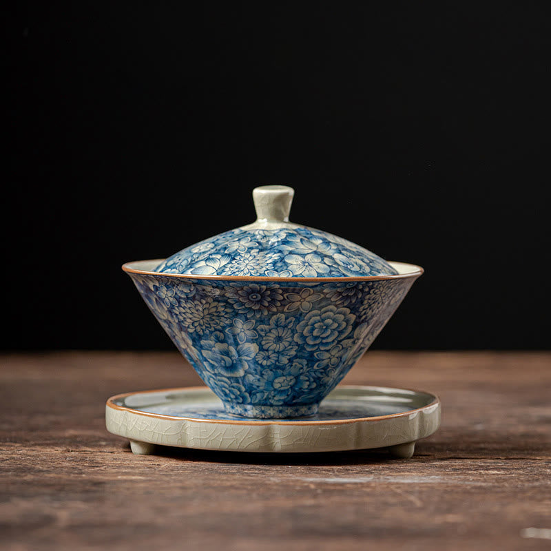 Vintage Blue White Porcelain Gaiwan Teacup with Lid 150ml