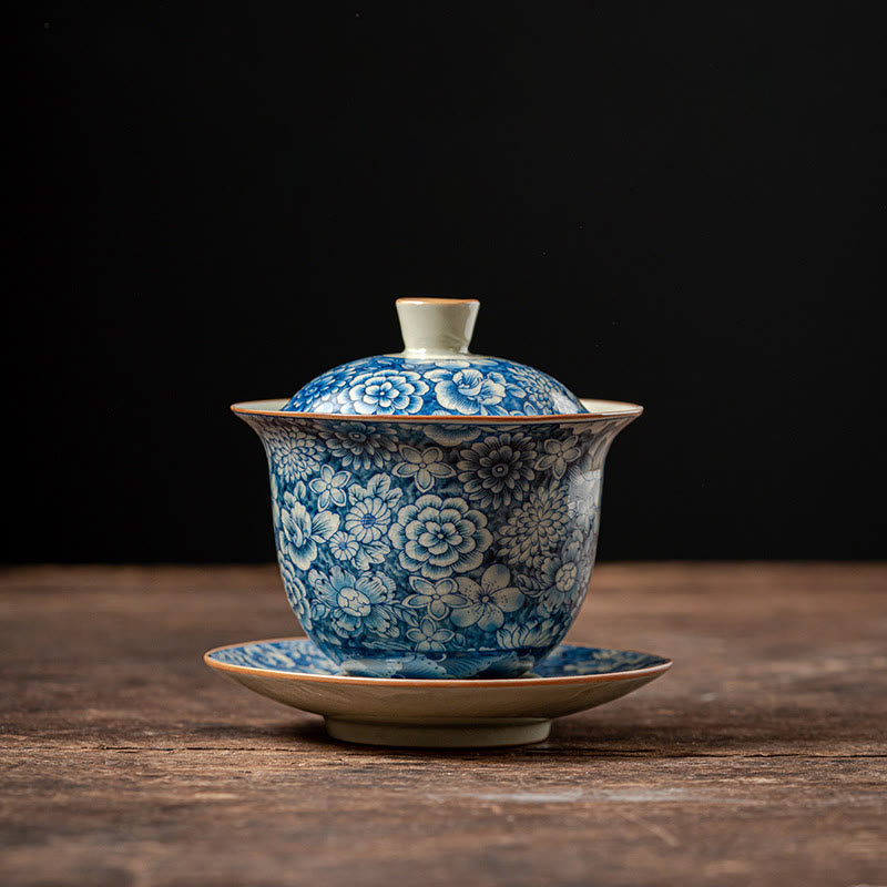 Vintage Blue White Porcelain Gaiwan Teacup with Lid 150ml