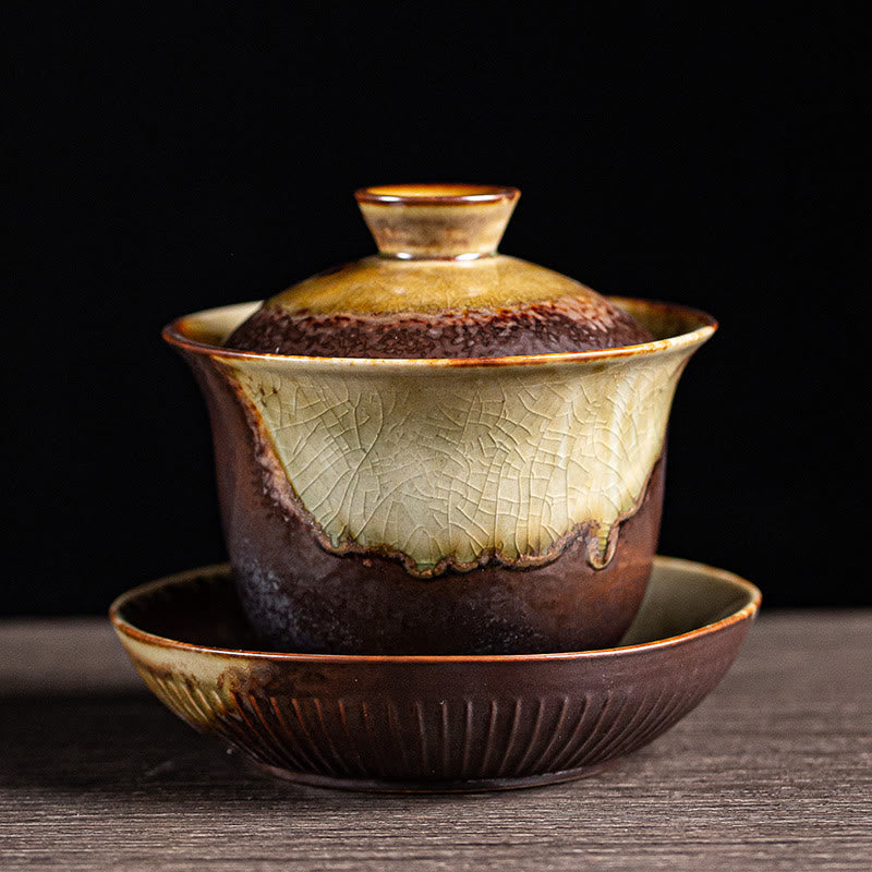 Vintage Brown Kiln Ceramic Gaiwan Sancai Tea Cup with Lid