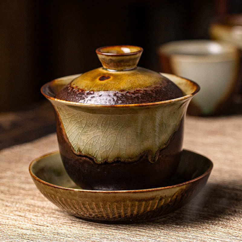 Vintage Brown Kiln Ceramic Gaiwan Sancai Tea Cup with Lid