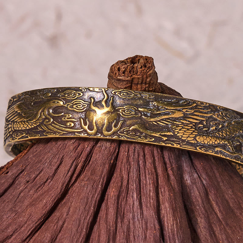 Vintage Copper Dragon Bracelet with Phoenix Playing Pearl & Heart Sutra