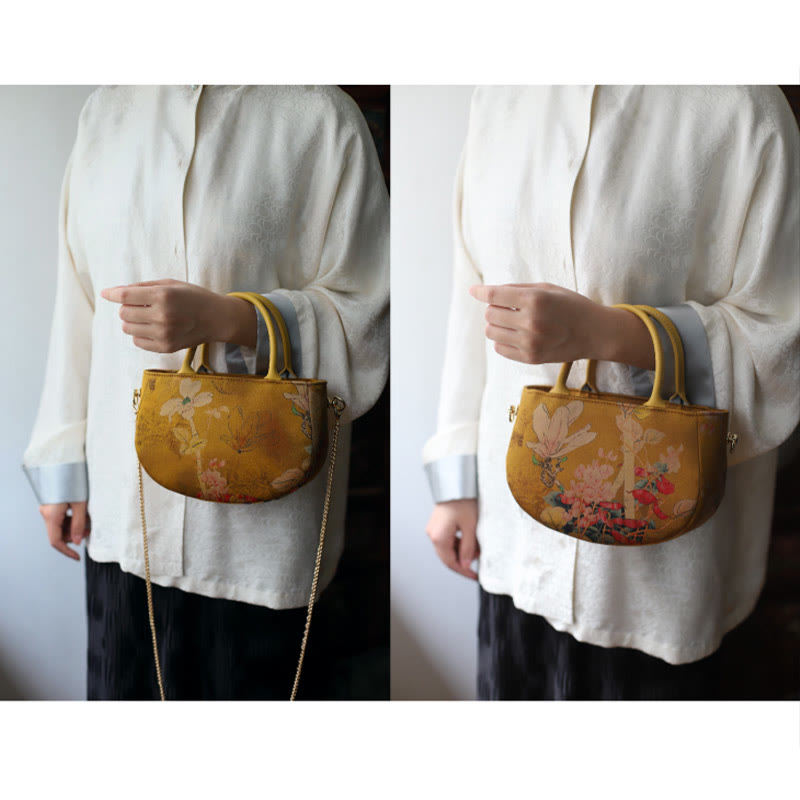 Vintage Flower Peony Metal Chain Zipper Crossbody Bag