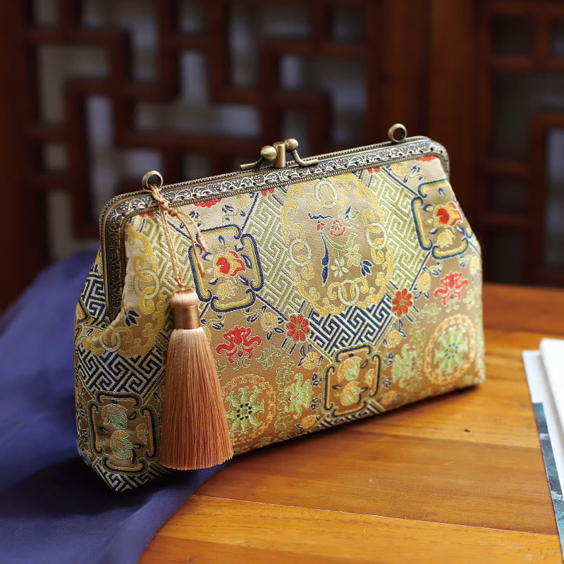 Vintage Geometry Flowers Crossbody Bag with Metal Chain