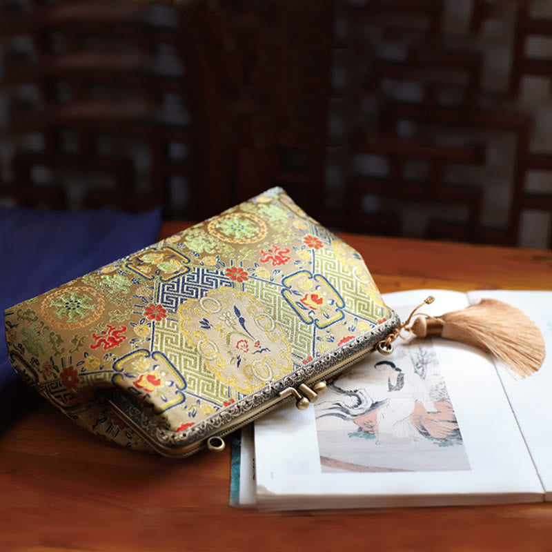 Vintage Geometry Flowers Crossbody Bag with Metal Chain