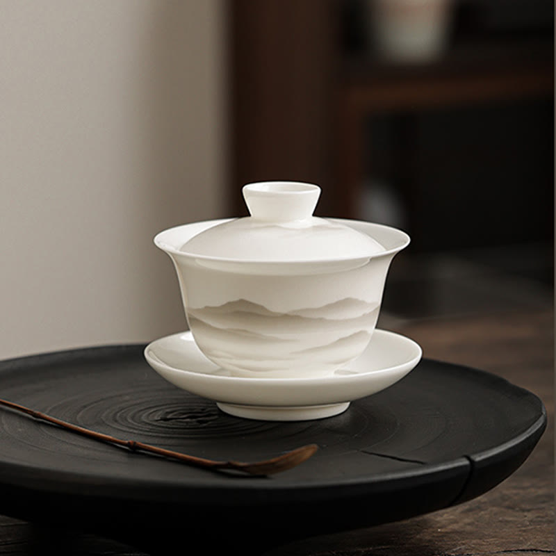 Vintage Ink Painting Porcelain Gaiwan Tea Cup Set for Meditation