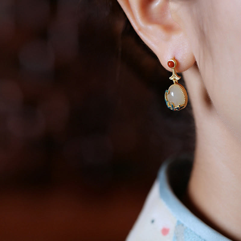 Vintage Jade Red Agate Abundance Copper Drop Earrings