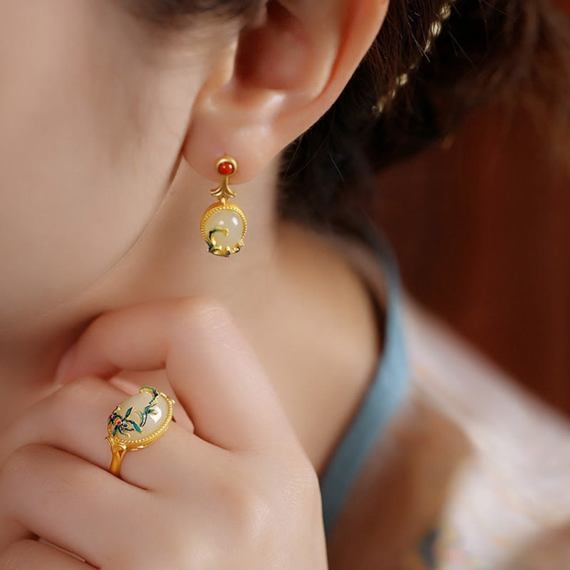 Vintage Jade Red Agate Abundance Copper Drop Earrings