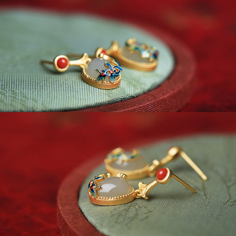 Vintage Jade Red Agate Abundance Copper Drop Earrings