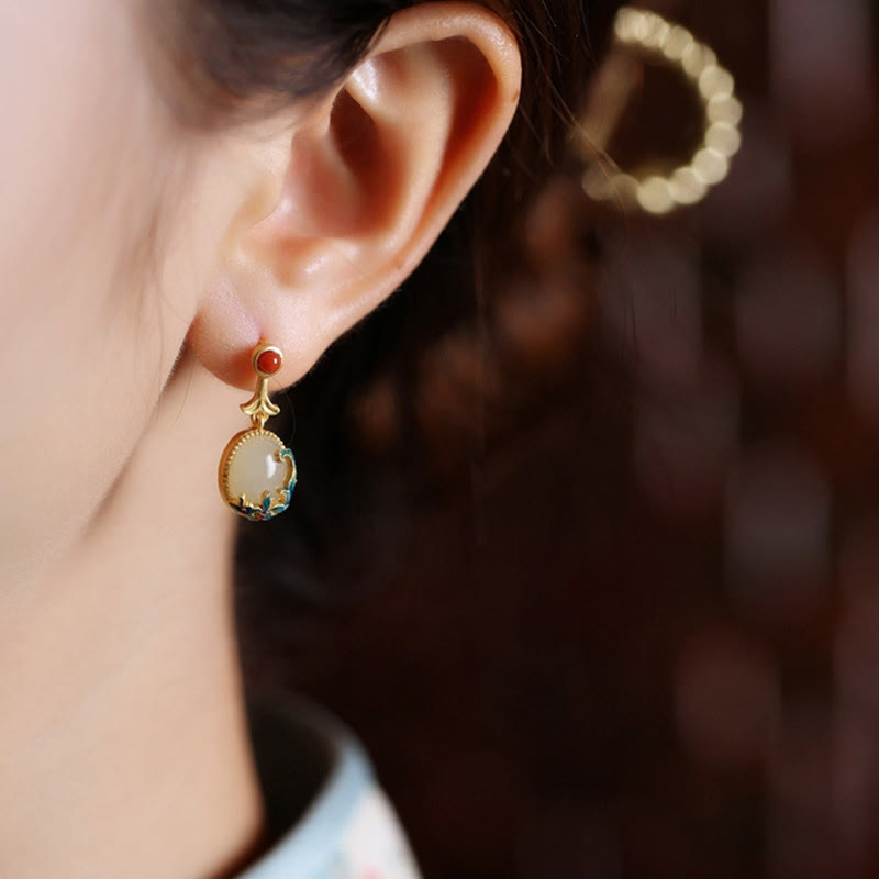 Vintage Jade Red Agate Abundance Copper Drop Earrings