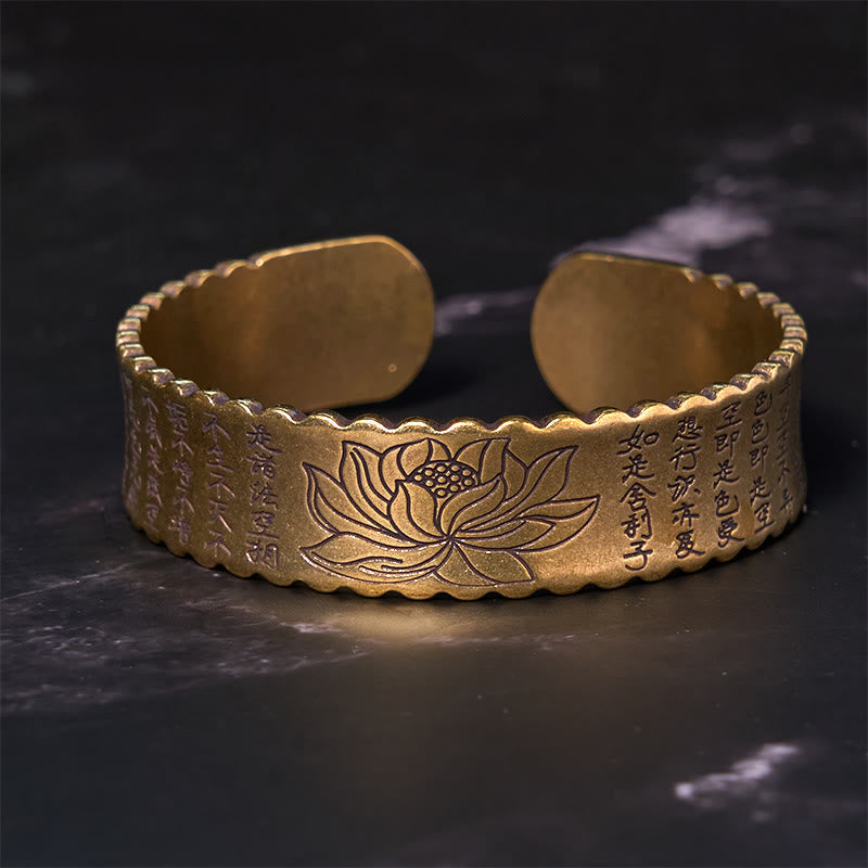 Vintage Lotus Flower Heart Sutra Copper Cuff Bracelet