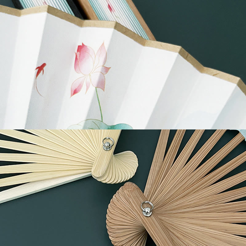 Vintage Lotus Folding Fan with Bamboo Frames for Artists