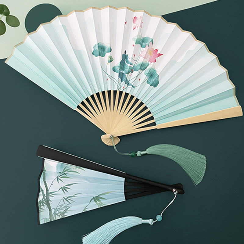 Vintage Lotus Folding Fan with Bamboo Frames for Artists