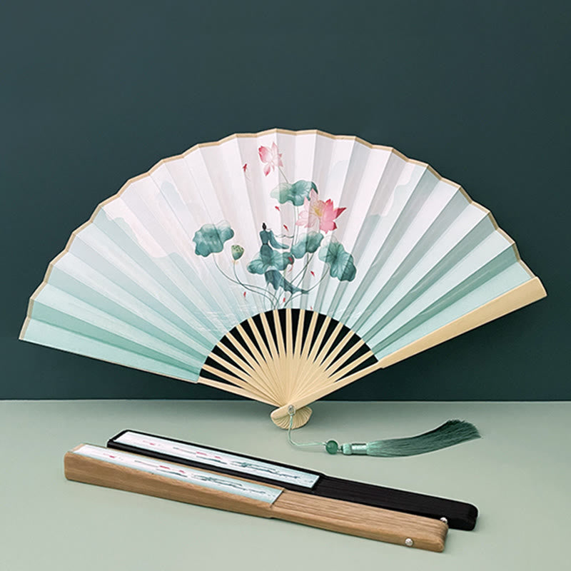 Vintage Lotus Folding Fan with Bamboo Frames for Artists