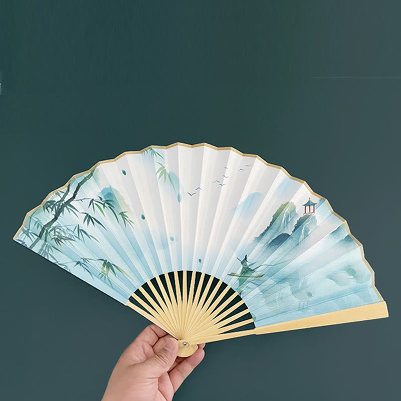 Vintage Lotus Folding Fan with Bamboo Frames for Artists