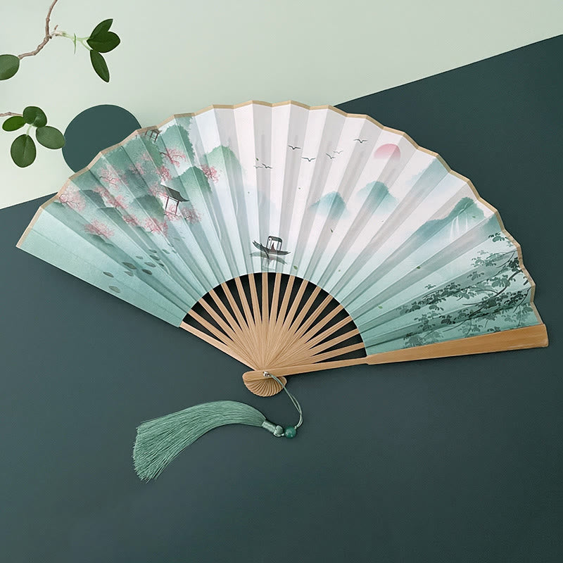 Vintage Lotus Folding Fan with Bamboo Frames for Artists