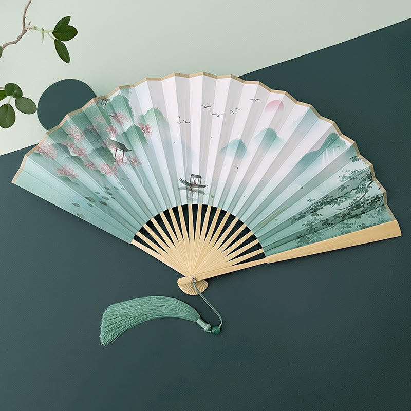 Vintage Lotus Folding Fan with Bamboo Frames for Artists