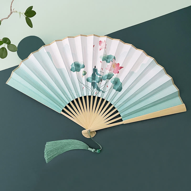 Vintage Lotus Folding Fan with Bamboo Frames for Artists