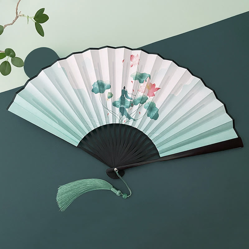 Vintage Lotus Folding Fan with Bamboo Frames for Artists