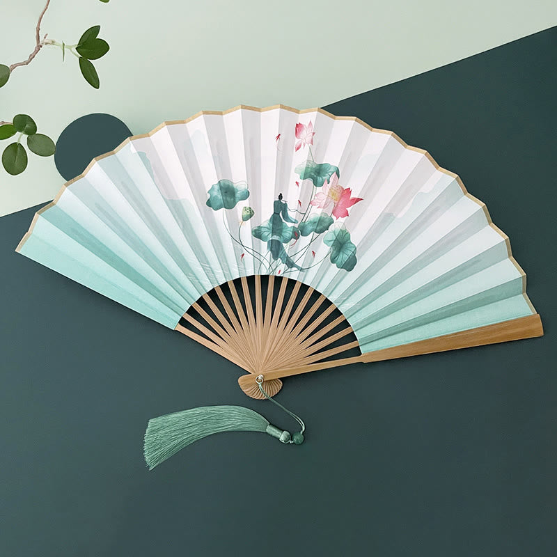 Vintage Lotus Folding Fan with Bamboo Frames for Artists