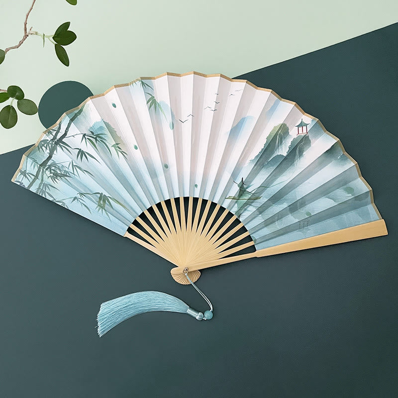 Vintage Lotus Folding Fan with Bamboo Frames for Artists