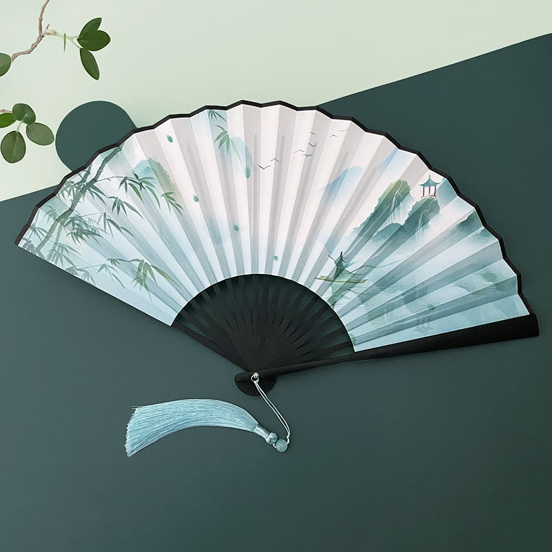 Vintage Lotus Folding Fan with Bamboo Frames for Artists