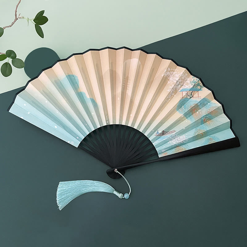 Vintage Lotus Folding Fan with Bamboo Frames for Artists