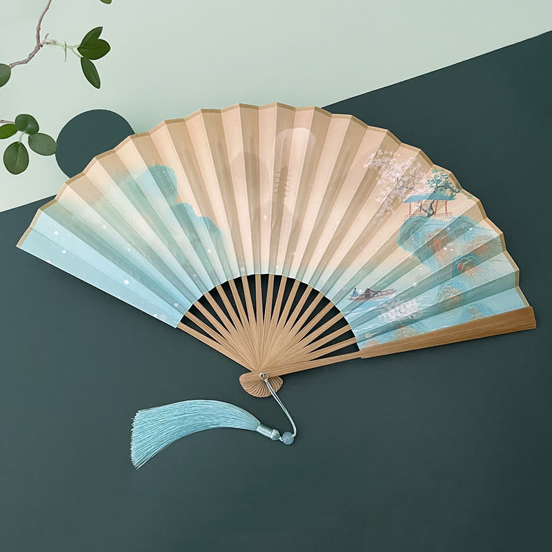 Vintage Lotus Folding Fan with Bamboo Frames for Artists