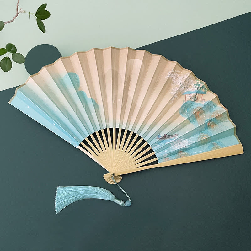 Vintage Lotus Folding Fan with Bamboo Frames for Artists