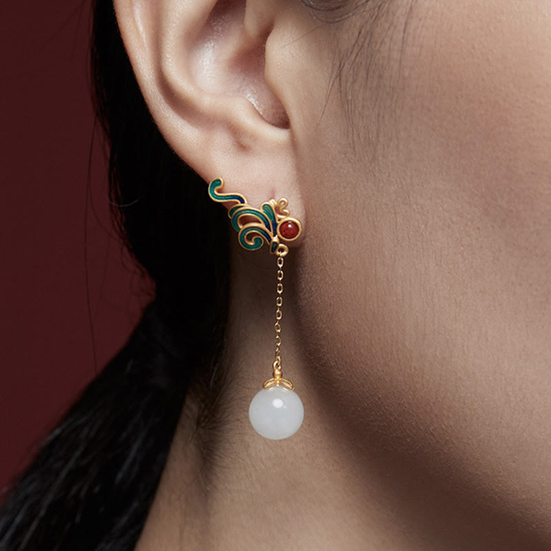 Vintage White Jade Red Agate Drop Earrings for Protection & Blessing