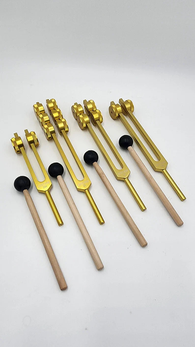 Gold-colored Weighted Osteo Tuning Fork Set with wooden handles and rubber tips