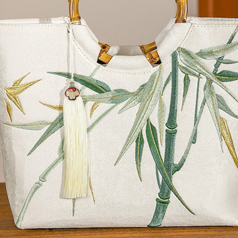 White Bamboo Embroidery Yoga Bag with Tassel Handle