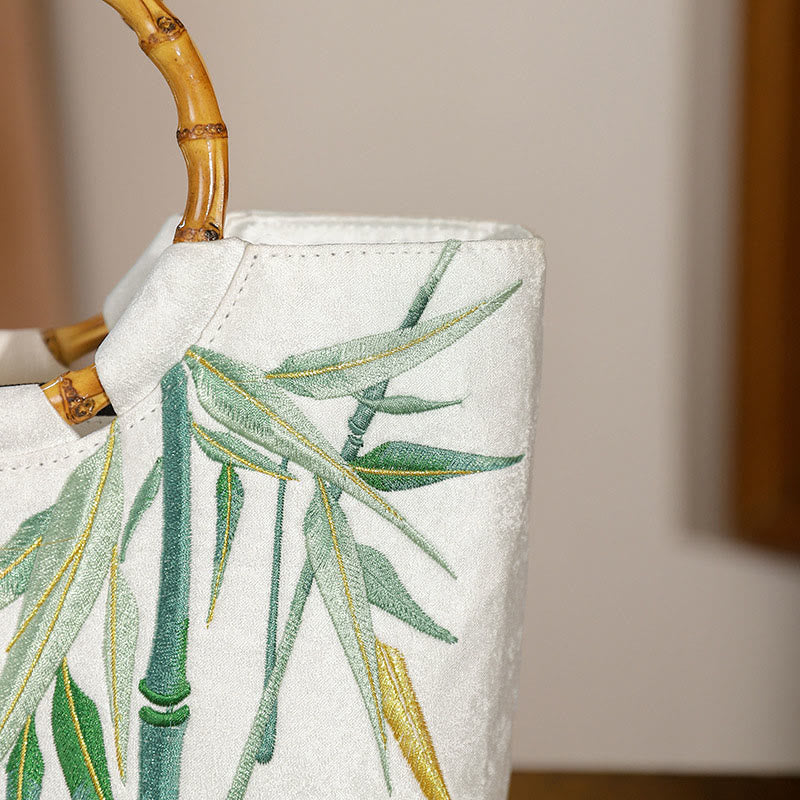 White Bamboo Embroidery Yoga Bag with Tassel Handle