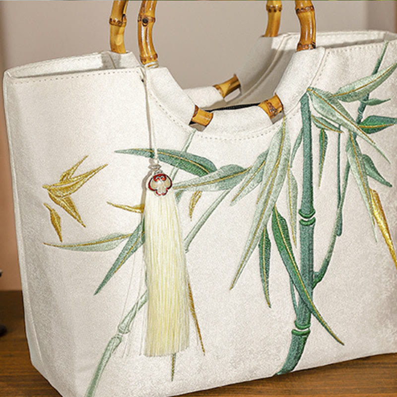 White Bamboo Embroidery Yoga Bag with Tassel Handle