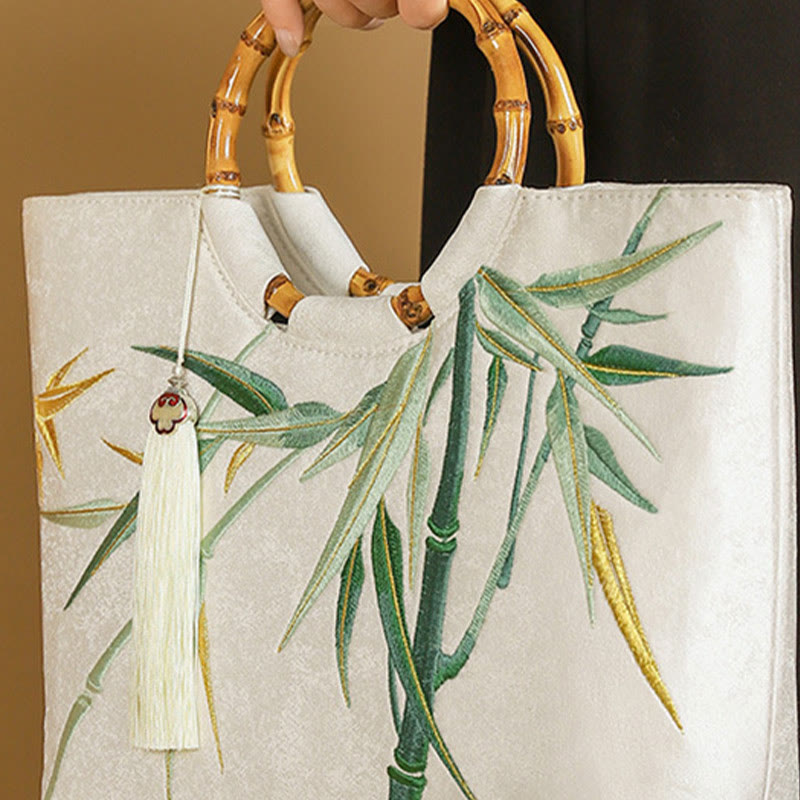 White Bamboo Embroidery Yoga Bag with Tassel Handle