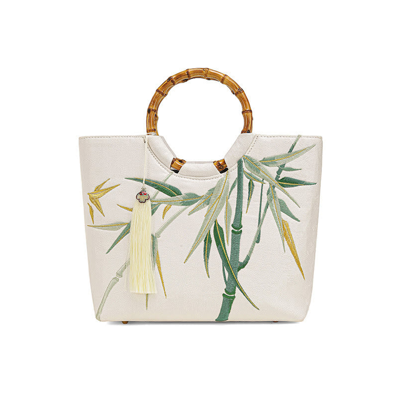 White Bamboo Embroidery Yoga Bag with Tassel Handle