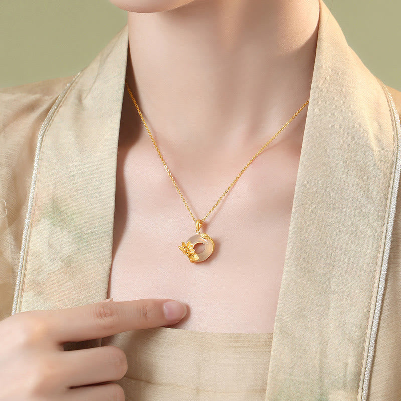 White Chalcedony Peace Buckle Lotus Necklace | Spiritual Harmony