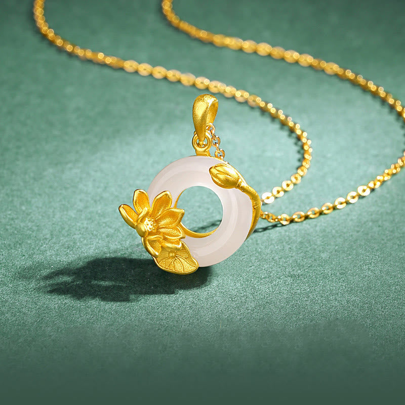 White Chalcedony Peace Buckle Lotus Necklace | Spiritual Harmony