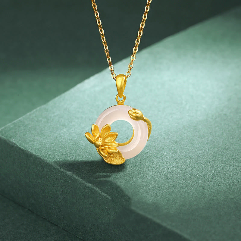 White Chalcedony Peace Buckle Lotus Necklace | Spiritual Harmony