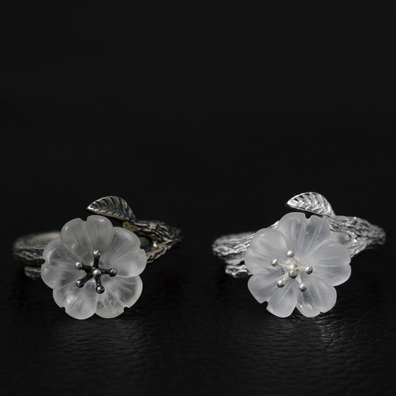 White Crystal Skeleton Flower Adjustable Healing Ring