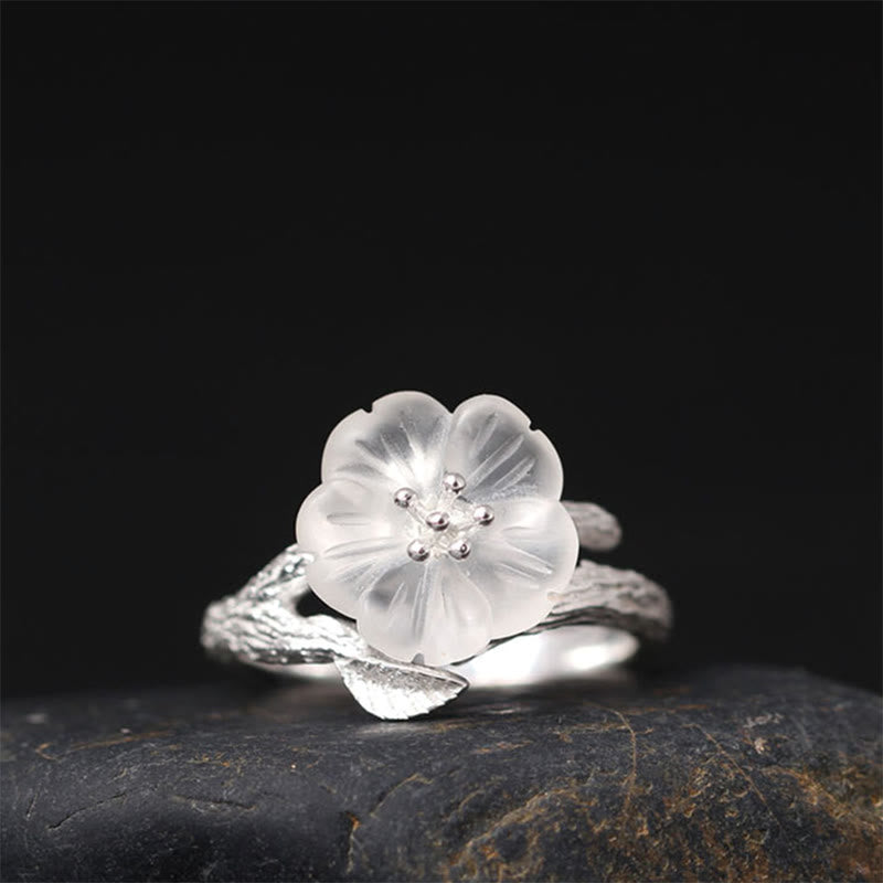 White Crystal Skeleton Flower Adjustable Healing Ring