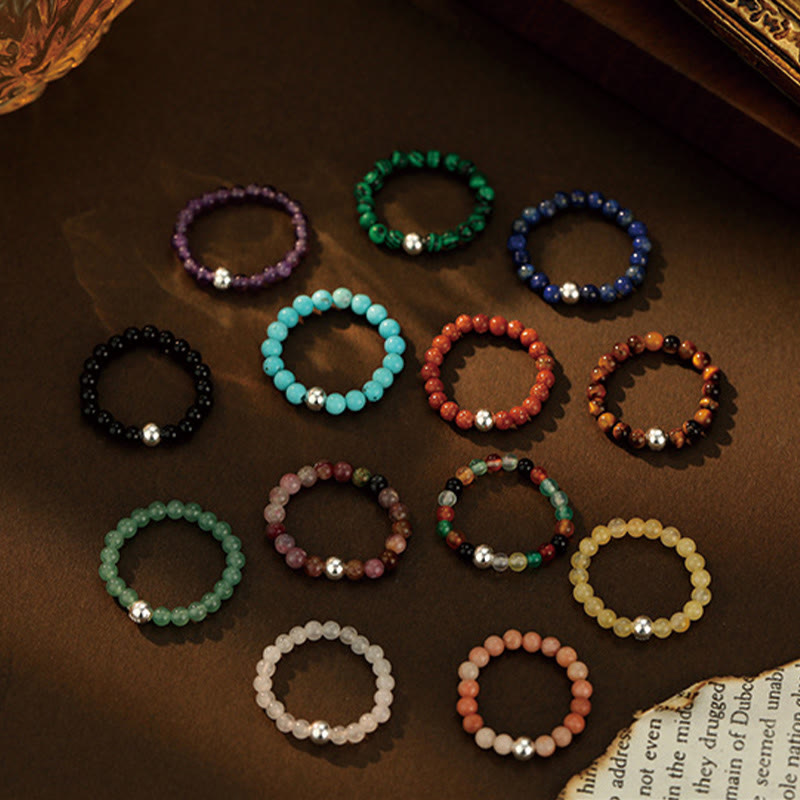 White Jade Black Onyx Crystal Bead Elastic Ring