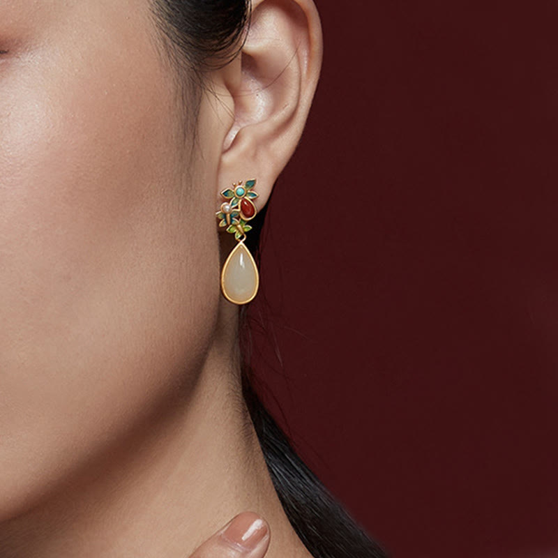 White Jade Butterfly Protection Drop Earrings 3.2cm