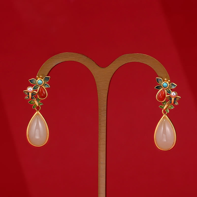 White Jade Butterfly Protection Drop Earrings 3.2cm