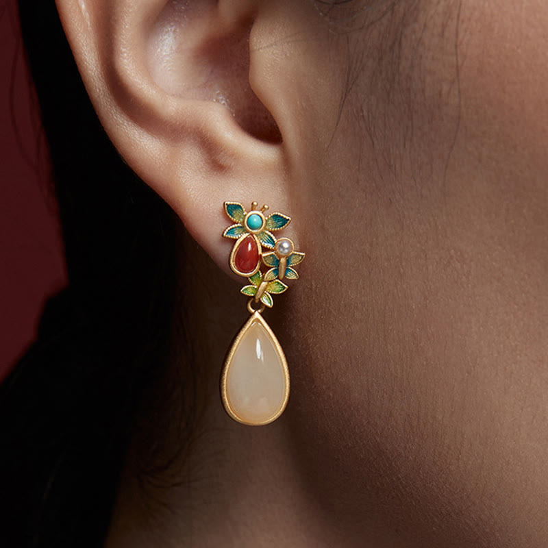 White Jade Butterfly Protection Drop Earrings 3.2cm